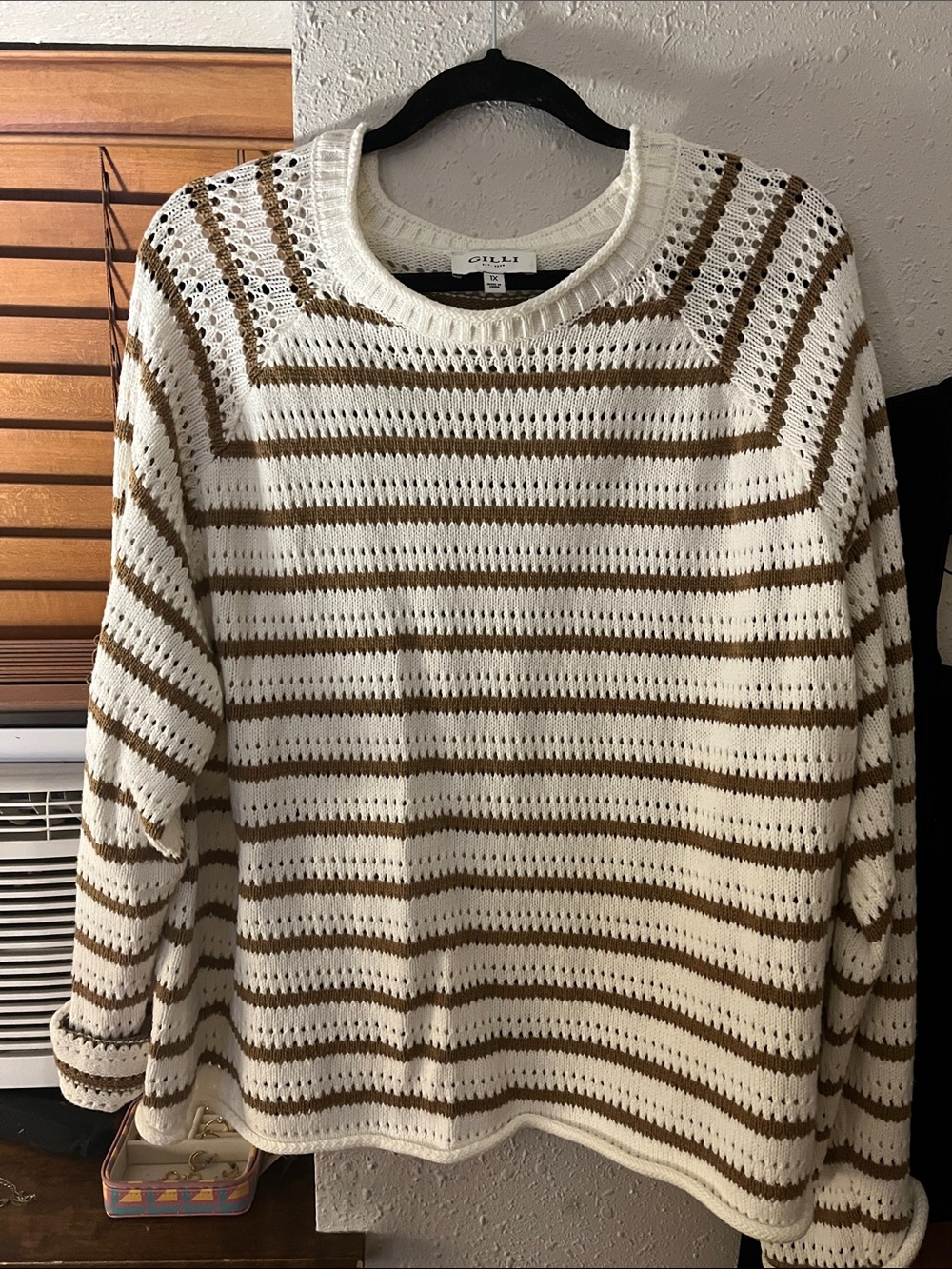 Gilli Cream and Brown Striped Open-Knit Crewneck Sweater